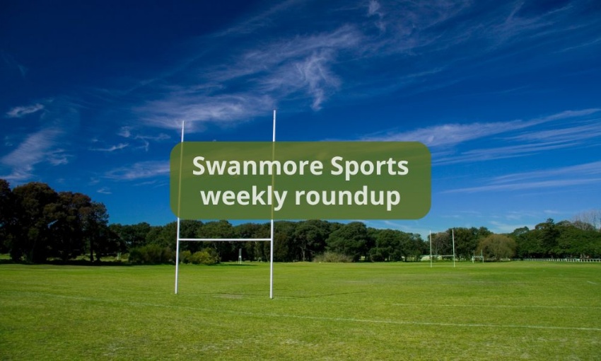 Image shows an empty rugby field with the posts against a very blue sky and text that reads Swanmore Sports weekly roundup